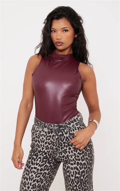 pu bodysuit|faux leather maroon bodysuit.